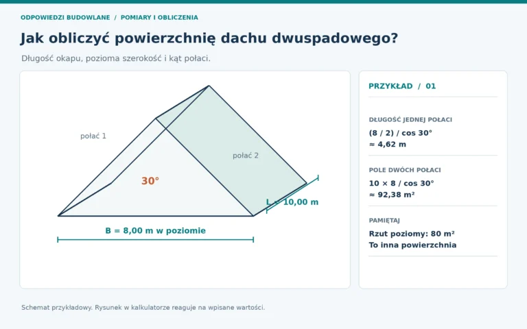 Schemat przykładowych wymiarów: powierzchnia prostego dachu dwuspadowego. Aktywny rysunek kalkulatora korzysta z wpisanych danych.